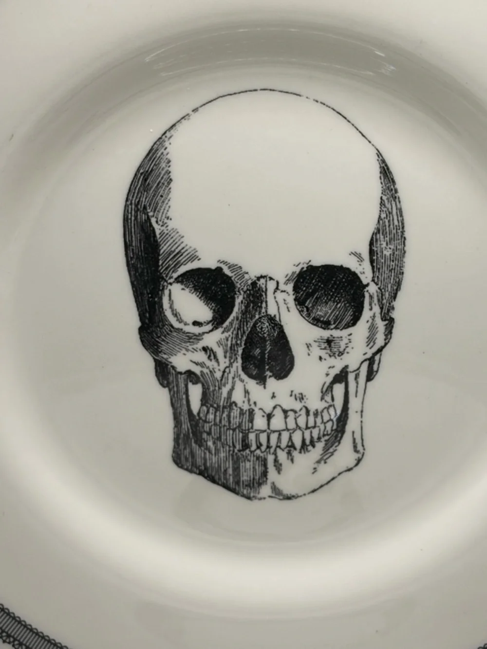 Pair Royal Stafford English Pottery Skull Plates, Skeleton Dishes Goth Tableware